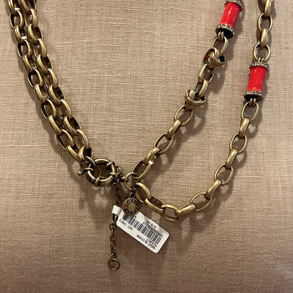 J.Crew Muted Gold Tone Double Strand Necklace with Coral Color and Crystals - Picture 2 of 5